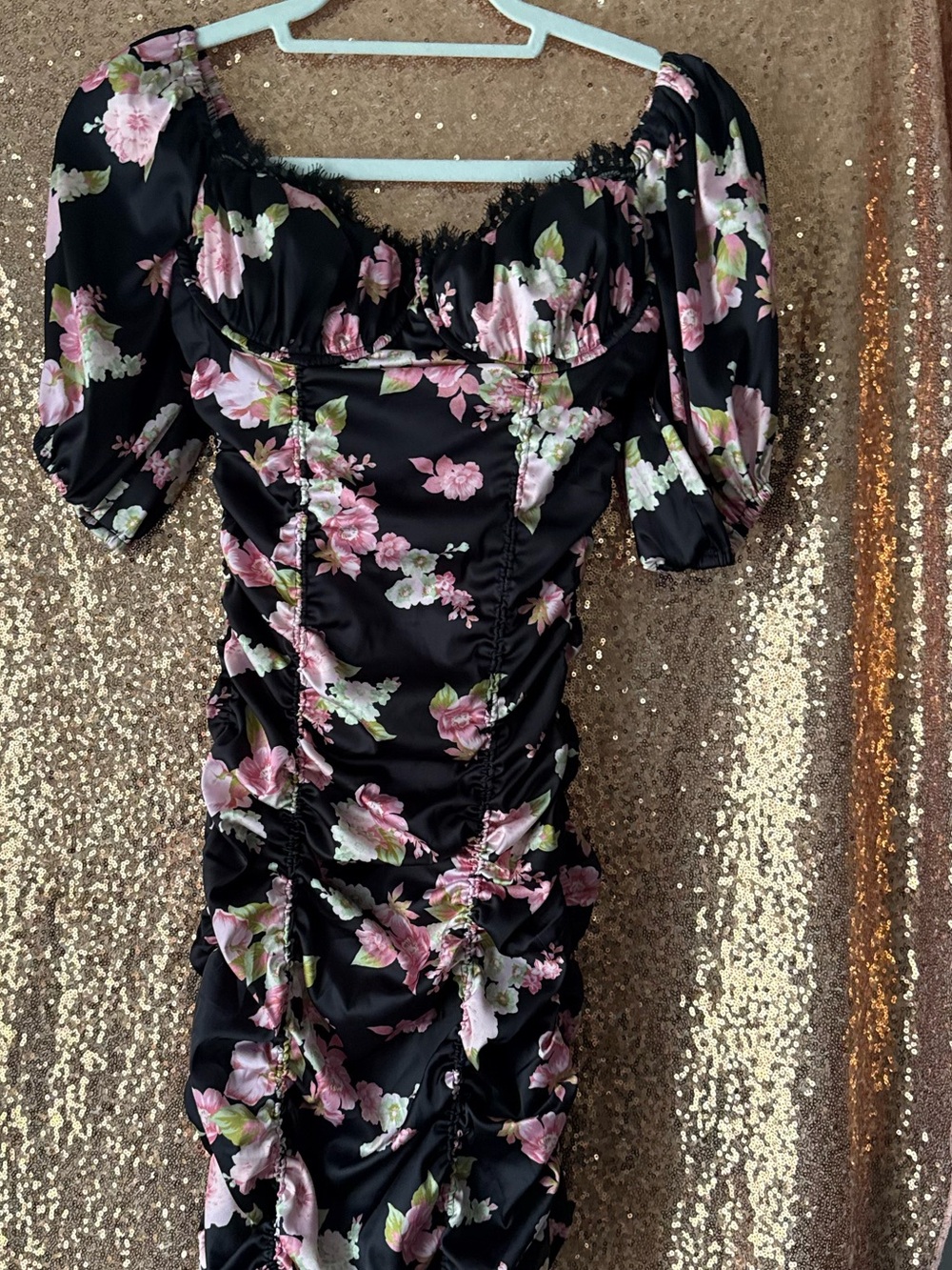 FOR LOVE AND LEMONS Floral Ruched Puff-Sleeve Midi Dress - Black and Pink